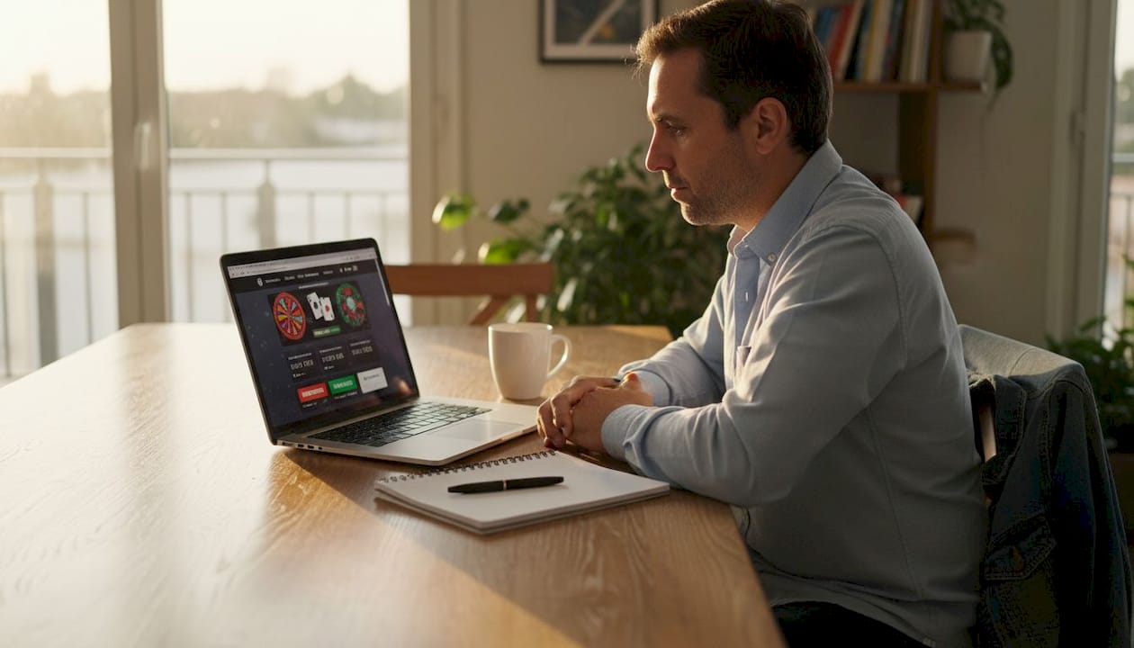 Un hombre en casa navegando por un casino online desde su ordenador