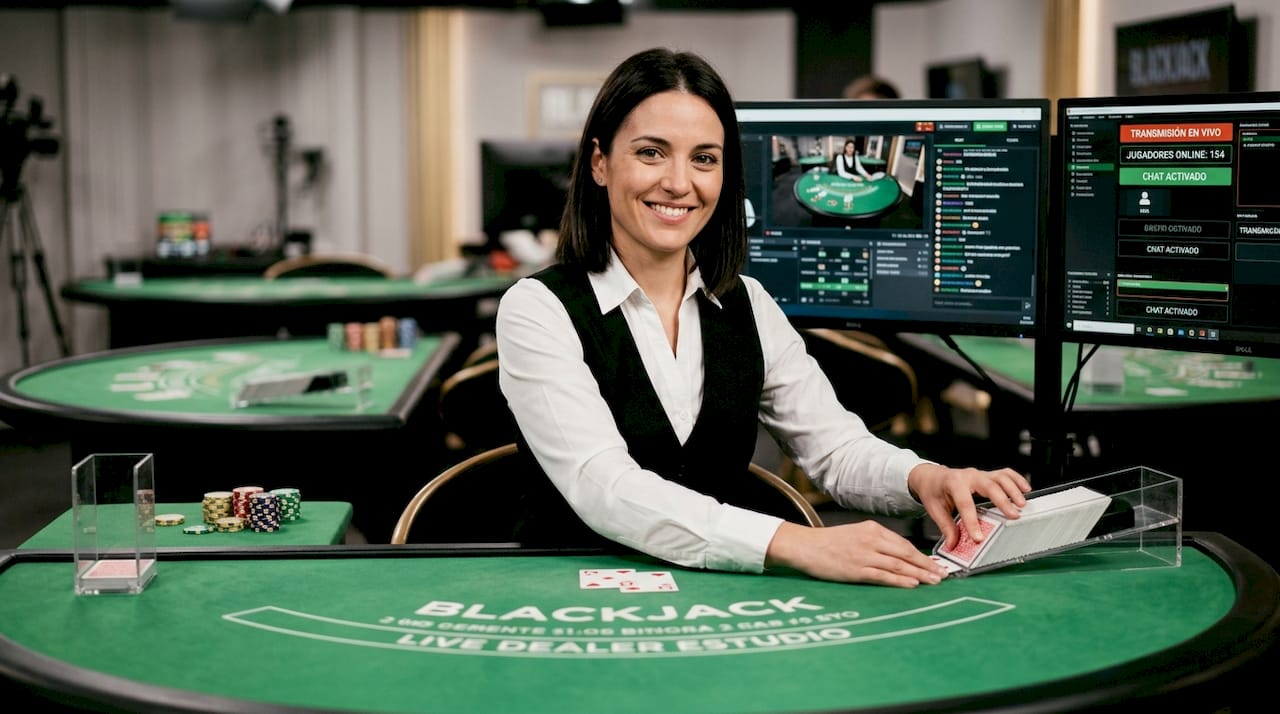 Un crupier en directo reparte las cartas desde el estudio
