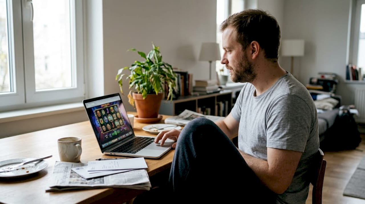 Un hombre disfruta de las tragamonedas online desde la comodidad de su hogar.