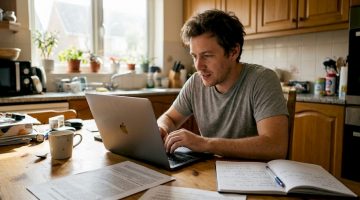 Un hombre revisa las ofertas de bonos de bienvenida de casinos mientras está sentado en la mesa de la cocina.