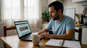Un hombre consulta ofertas de bonos sin depósito desde su portátil