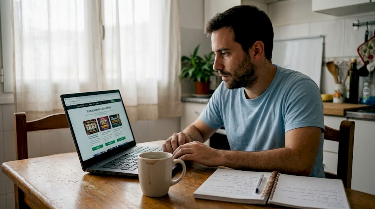 Un hombre consulta ofertas de bonos sin depósito desde su portátil