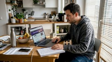 Un hombre revisa y compara diferentes casinos online desde su portátil.