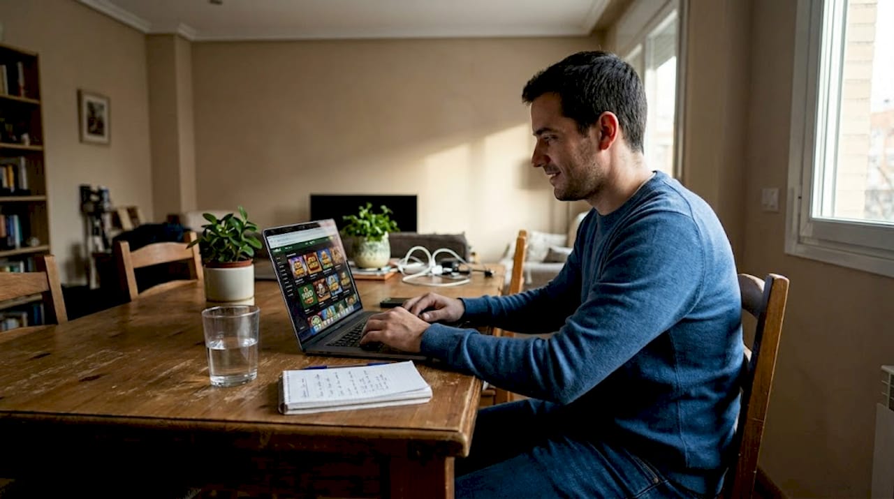 Un hombre disfruta de juegos de casino internacionales desde su portátil.