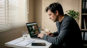 Un hombre aprovecha su tiempo en el despacho de casa para explorar distintas páginas de casinos online.