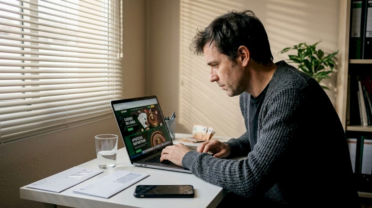 Un hombre aprovecha su tiempo en el despacho de casa para explorar distintas páginas de casinos online.
