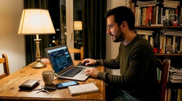 Un hombre realiza apuestas por internet mientras está sentado en la mesa del comedor.