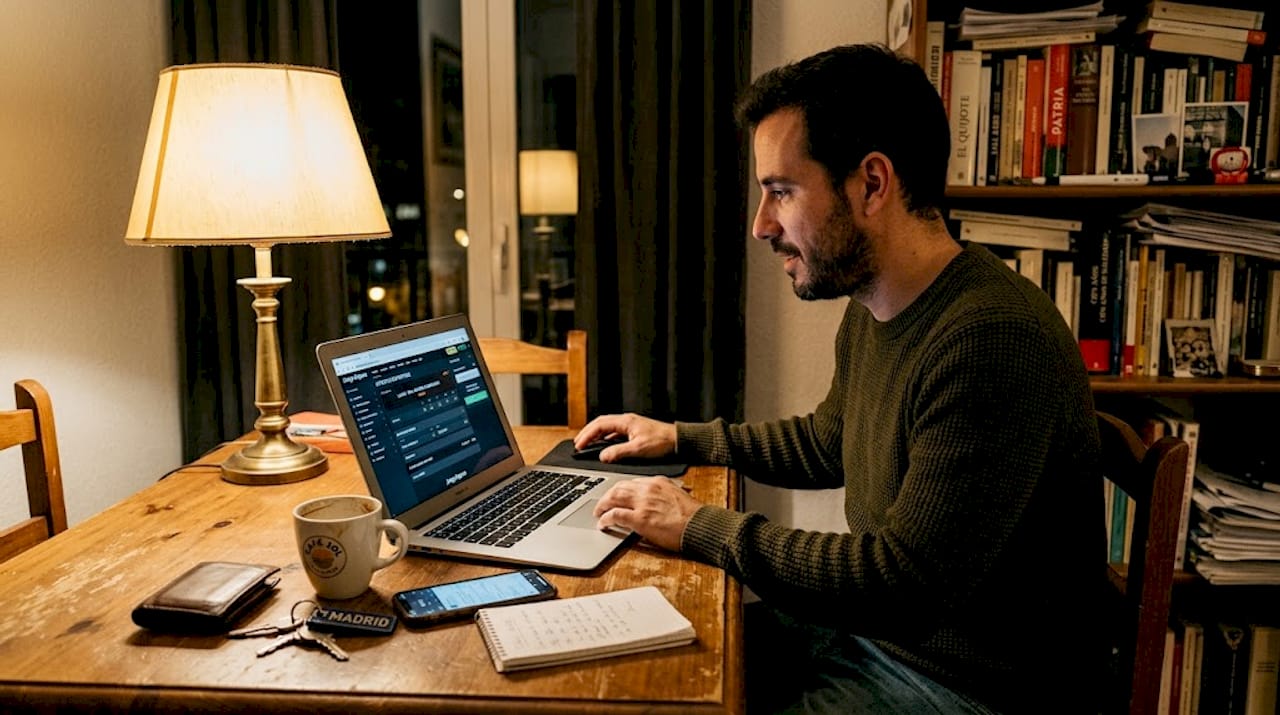 Un hombre realiza apuestas por internet mientras está sentado en la mesa del comedor.