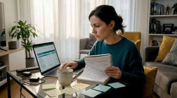 Mujer investigando opciones de apuestas desde su escritorio en casa