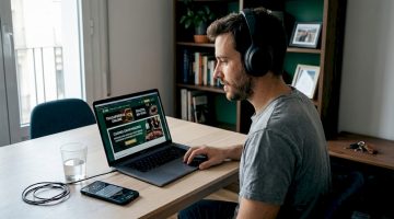 Un hombre disfruta de las tragamonedas online desde la comodidad de su hogar.