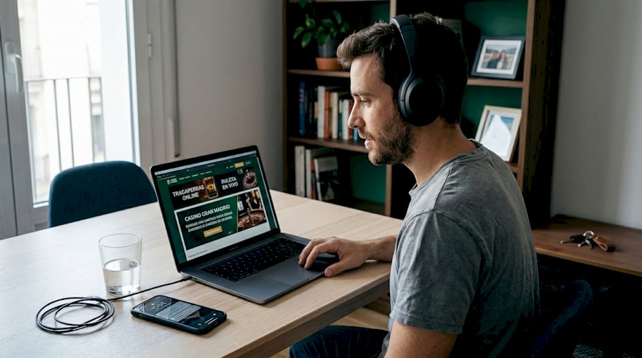 Un hombre disfruta de las tragamonedas online desde la comodidad de su hogar.