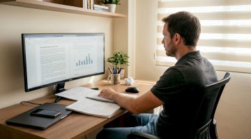 Un hombre revisa las normativas sobre juegos de azar sentado en el escritorio de su casa.