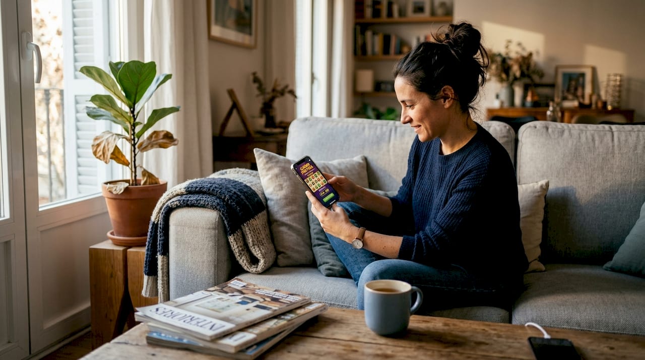Una mujer disfruta de los juegos de casino online desde la comodidad de su casa usando su móvil.