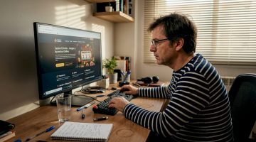 Un hombre revisa tranquilamente una página de casino online desde el escritorio de su casa.