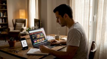 Hombre revisando y comparando distintos casinos online desde su portátil en casa