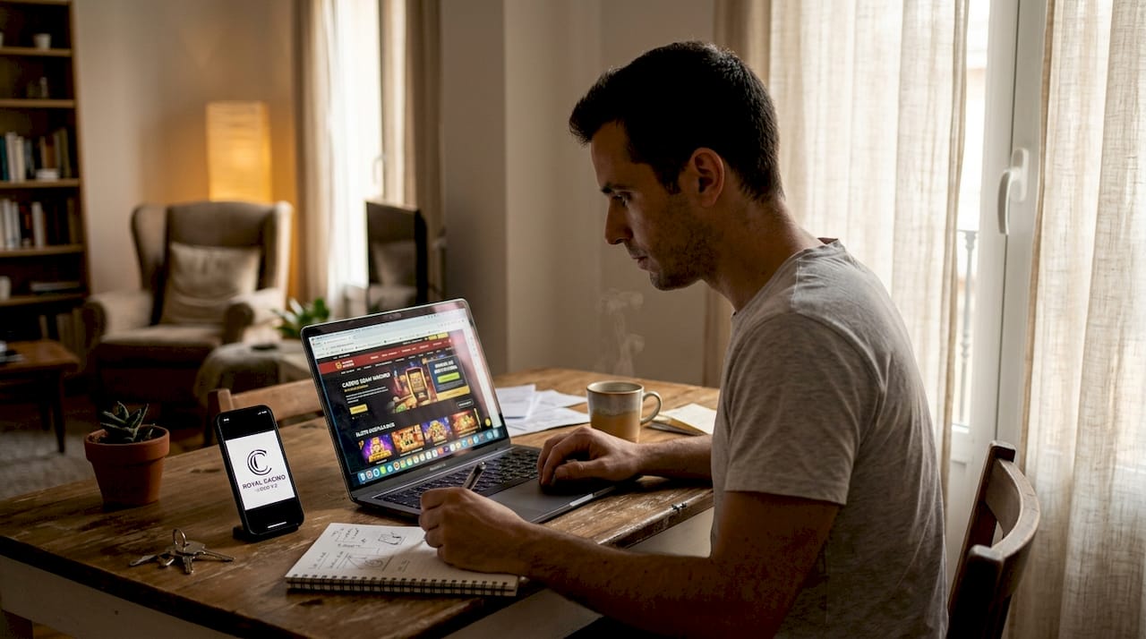 Hombre revisando y comparando distintos casinos online desde su portátil en casa