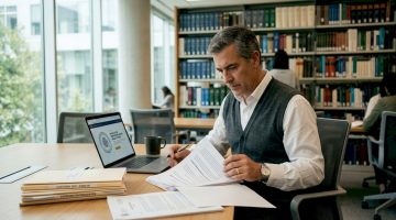 El inspector examina cuidadosamente documentos oficiales en su oficina.