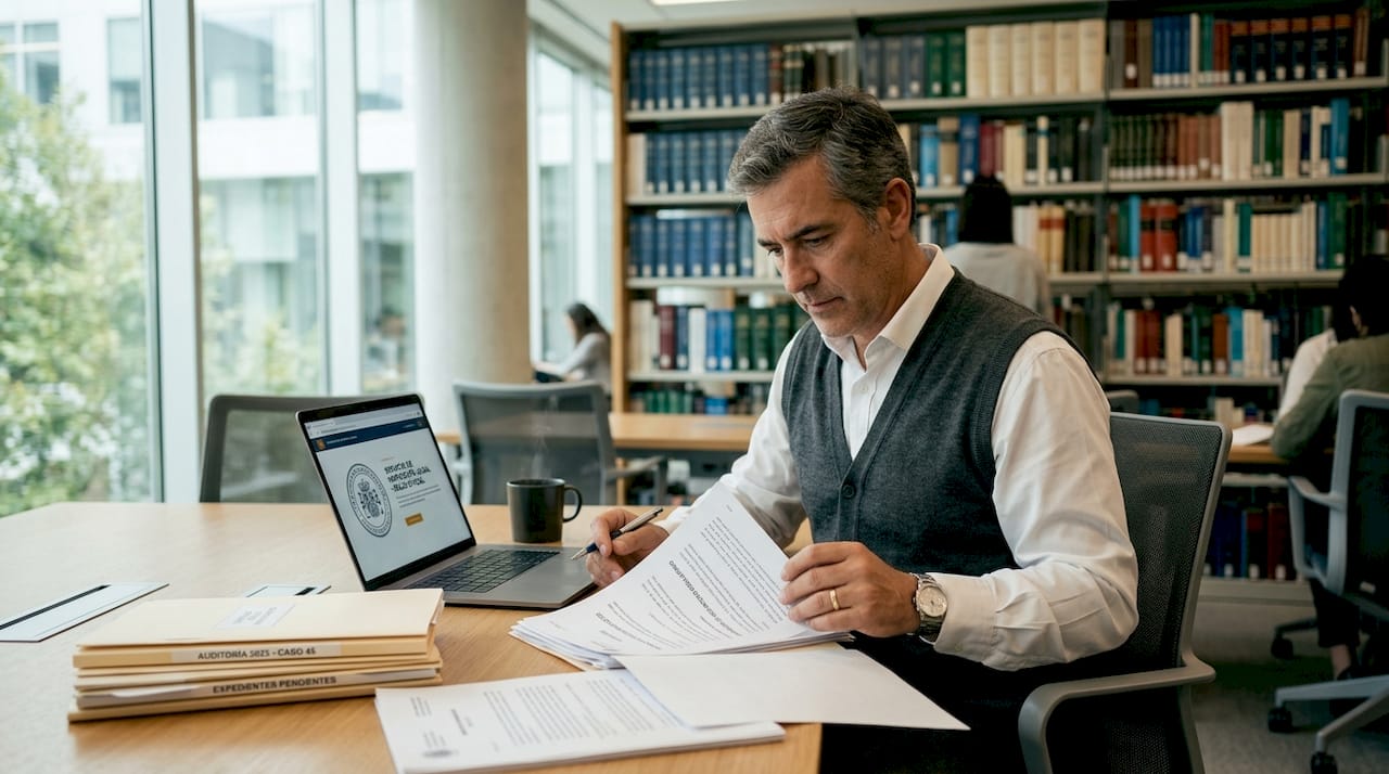 El inspector examina cuidadosamente documentos oficiales en su oficina.