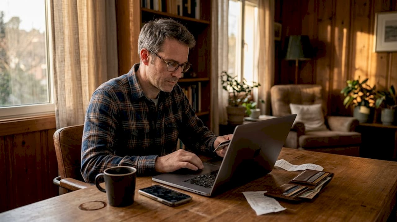 Hombre realizando un pago online desde la comodidad de su salón