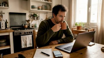 Hombre buscando información sobre licencias de casinos online en Internet