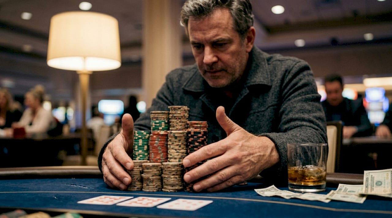 Un jugador arriesgando grandes cantidades de fichas en la mesa del casino