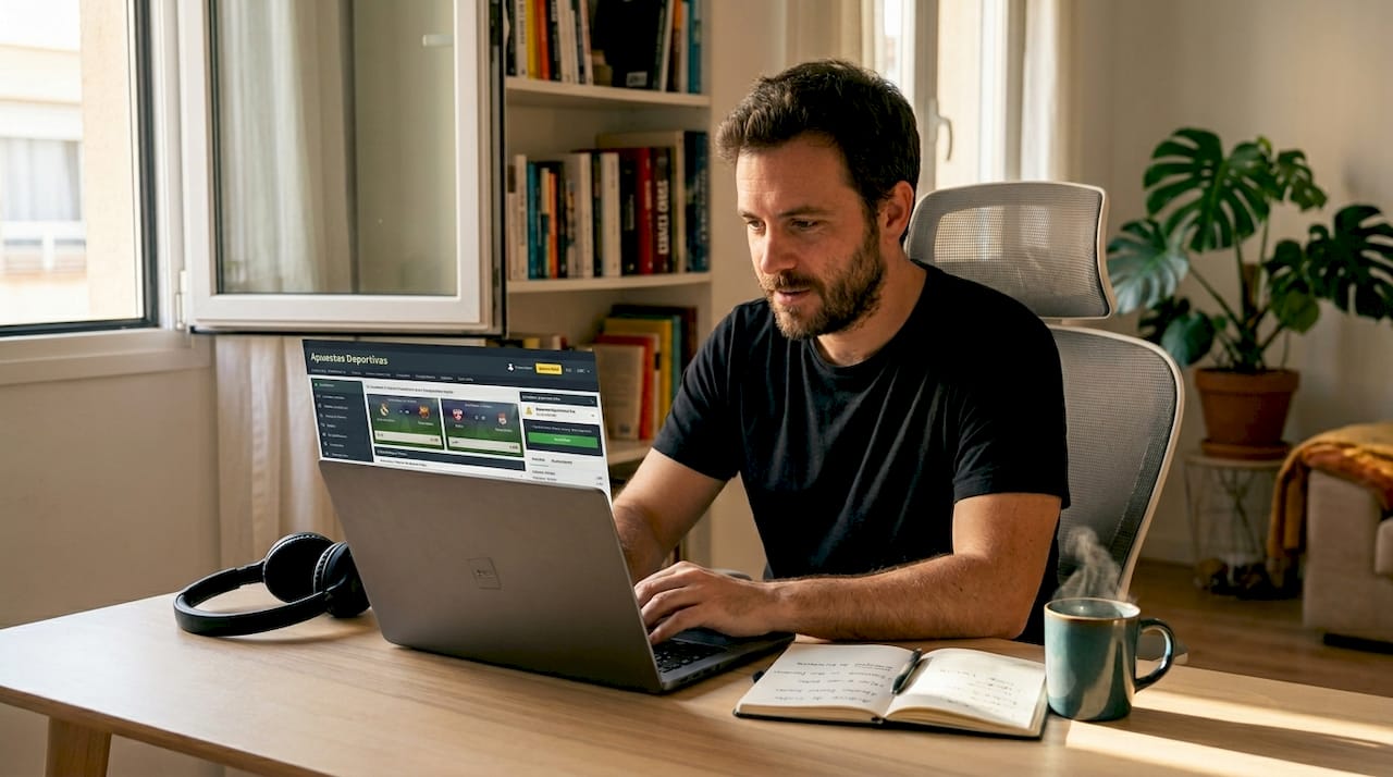 Un hombre está jugando apuestas online desde la comodidad de su hogar.