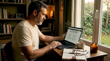 Hombre revisando en su portátil una lista de aspectos a tener en cuenta antes de jugar en un casino online