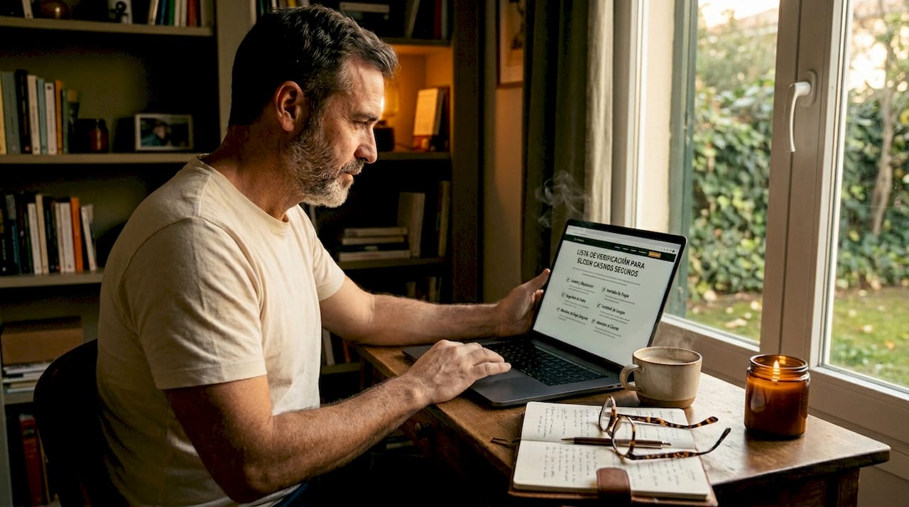 Hombre revisando en su portátil una lista de aspectos a tener en cuenta antes de jugar en un casino online