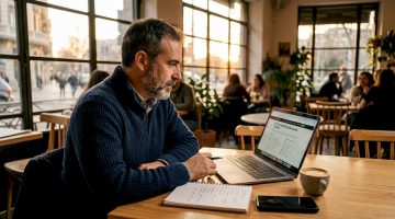 Hombre revisando una lista de verificación para elegir un casino online desde el escritorio de su casa.