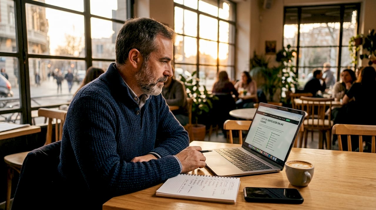Hombre revisando una lista de verificación para elegir un casino online desde el escritorio de su casa.