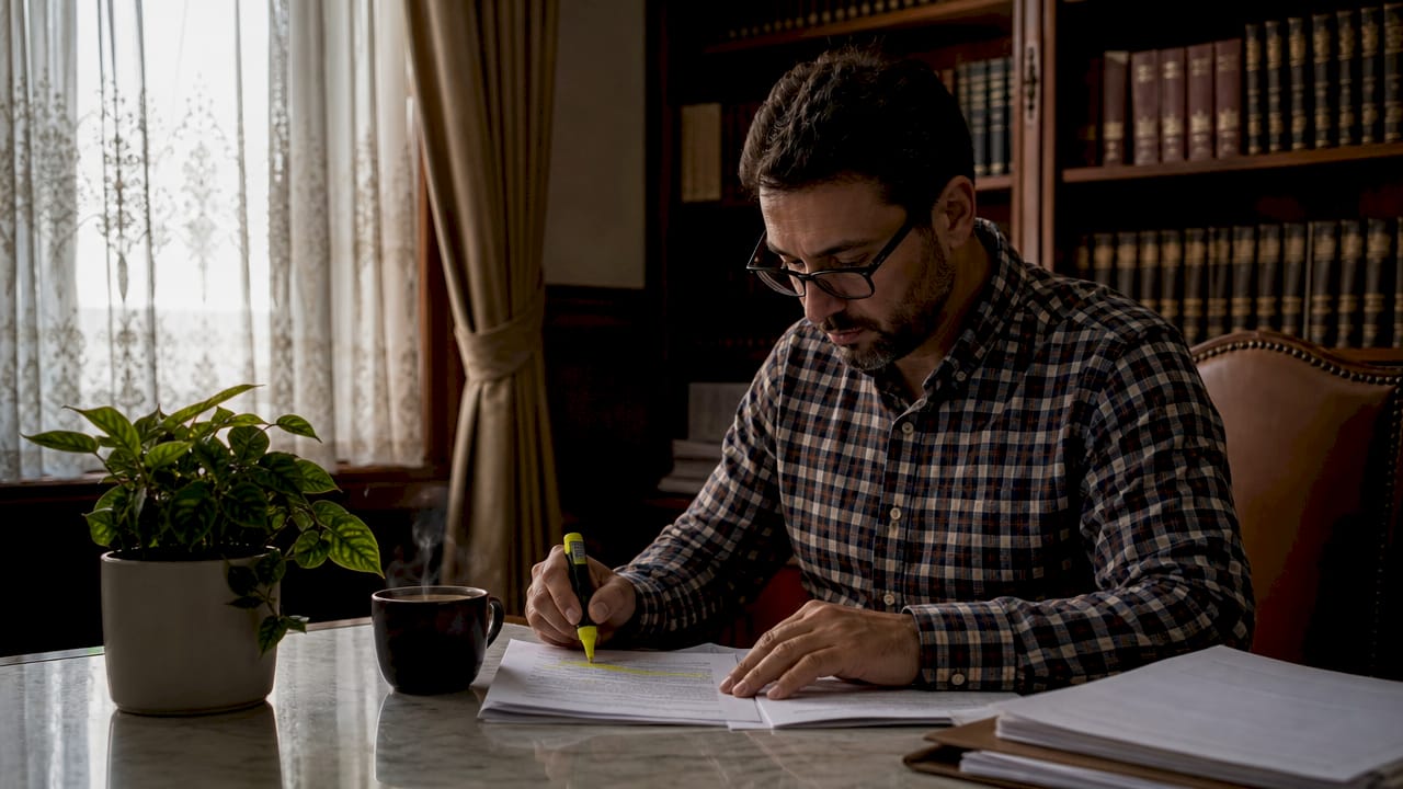 Hombre revisando papeles de licencias en su oficina