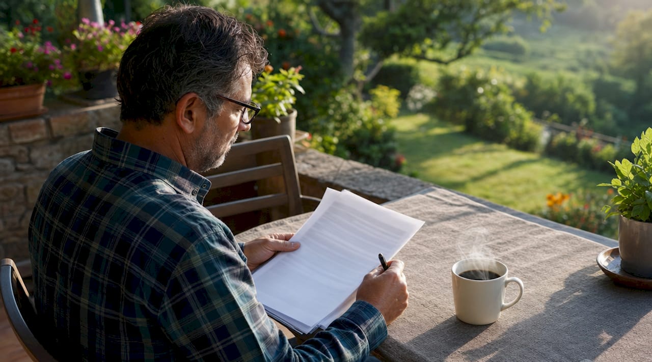 Hombre revisando documentos legales en su despacho
