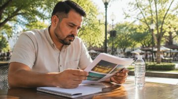 Un hombre analiza cuidadosamente papeles relacionados con casinos del extranjero.