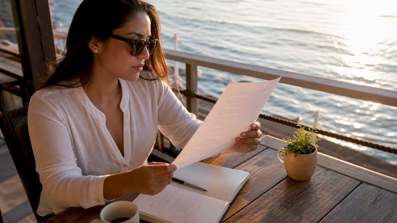 Una mujer analiza cuidadosamente los aspectos legales de varios documentos.