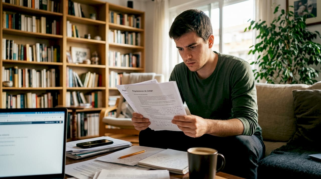 Un hombre revisa papeles relacionados con la normativa del juego sobre su escritorio.
