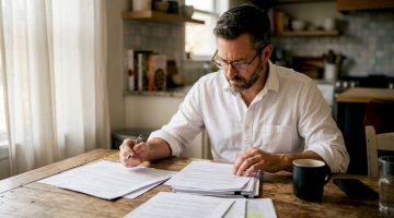 Un hombre revisa papeles legales en su despacho.