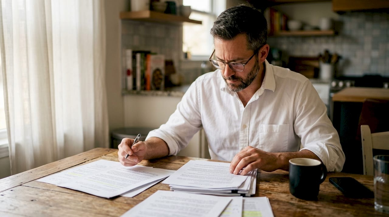 Un hombre revisa papeles legales en su despacho.