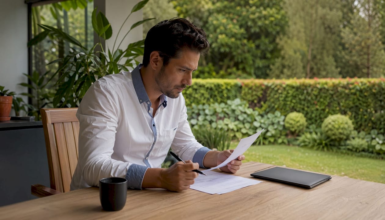 Hombre revisando papeles legales en su despacho en casa