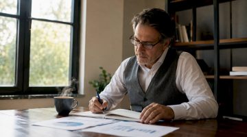 Un jugador comprometido analiza cuidadosamente sus estrategias sentado en su escritorio.