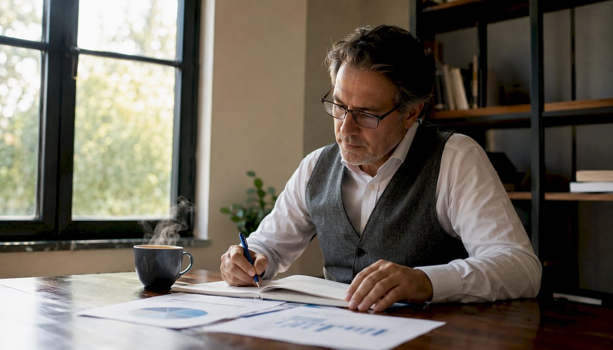 Un jugador comprometido analiza cuidadosamente sus estrategias sentado en su escritorio.