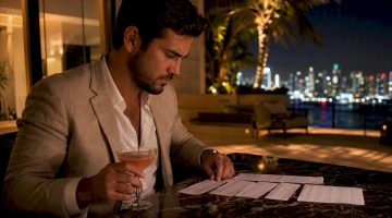 Un jugador VIP revisa sus apuestas en la zona exclusiva del casino, analizando cada boleto con atención mientras disfruta del ambiente sofisticado.
