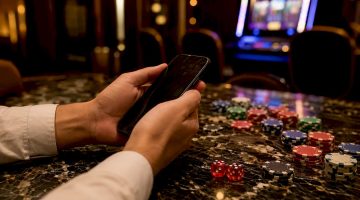 Unas manos sosteniendo un móvil y fichas de casino