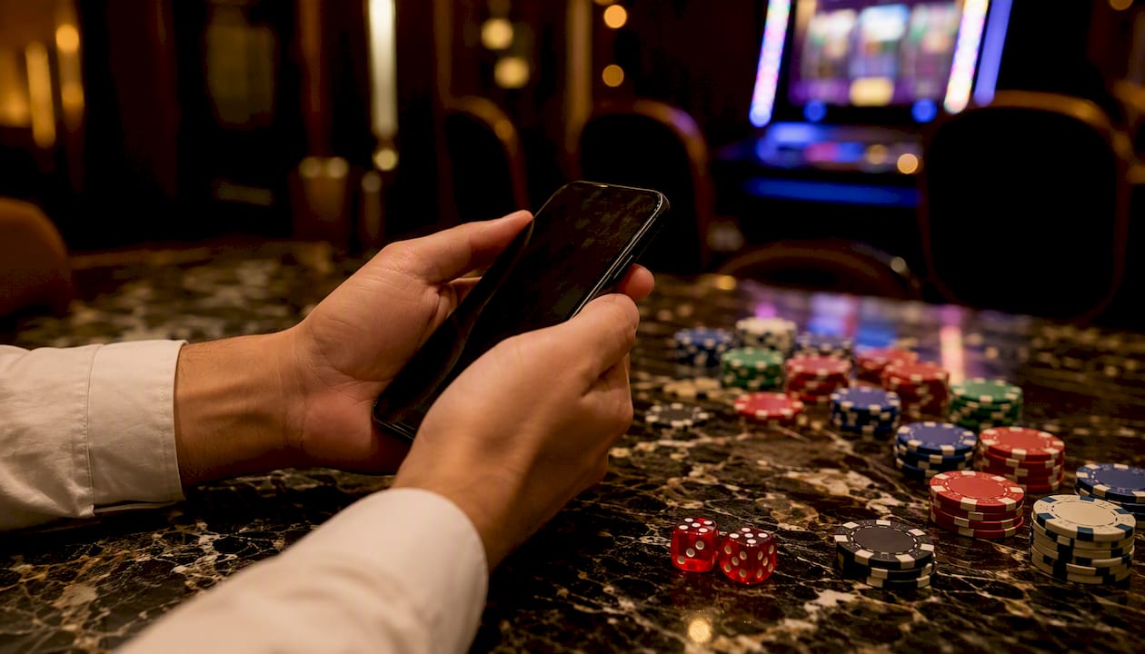 Unas manos sosteniendo un móvil y fichas de casino