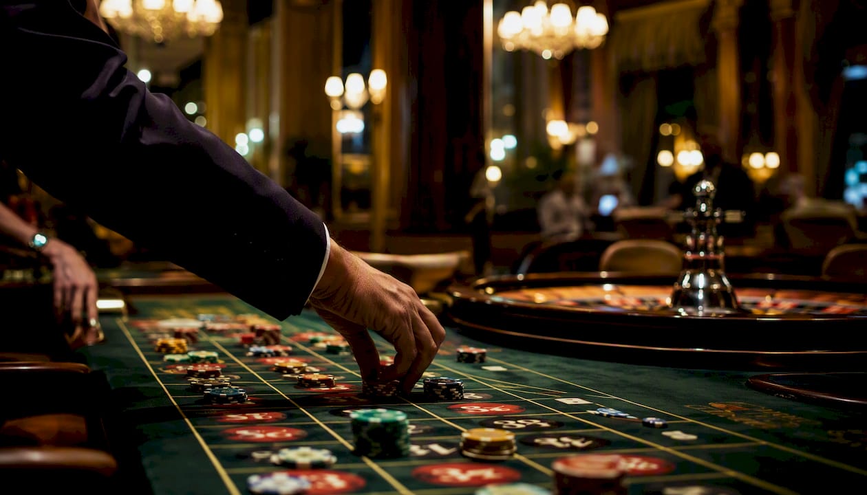 Una mano distribuyendo fichas sobre la mesa de la ruleta