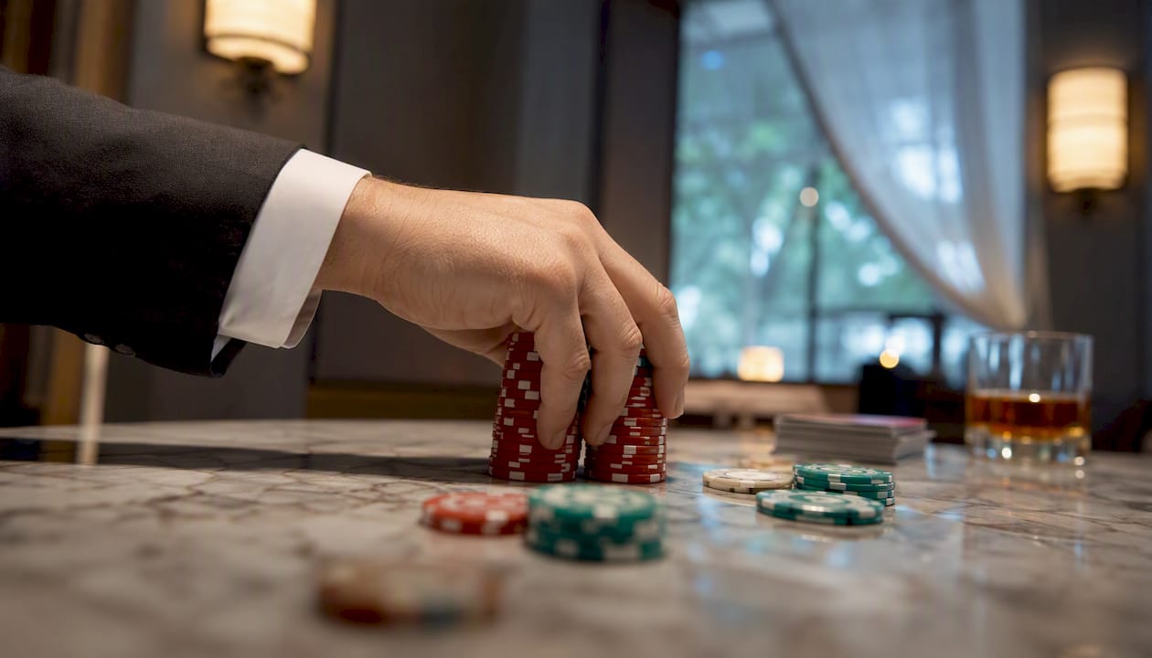 Una mano apostando fichas sobre la mesa del casino
