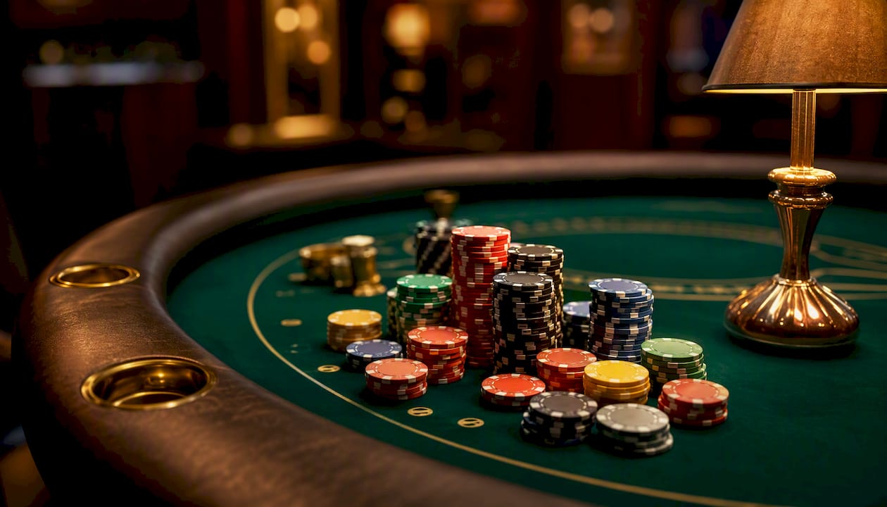 Mesa de casino con fichas de diferentes países