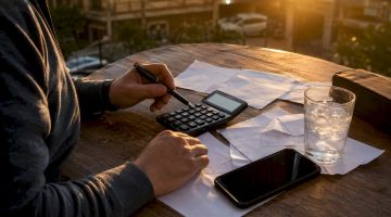 Una mano usando la calculadora para averiguar los requisitos de apuesta