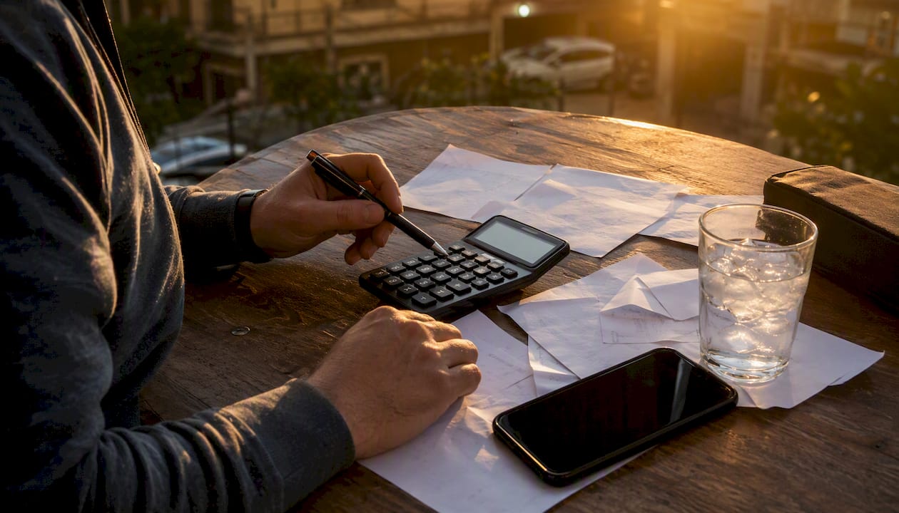 Una mano usando la calculadora para averiguar los requisitos de apuesta