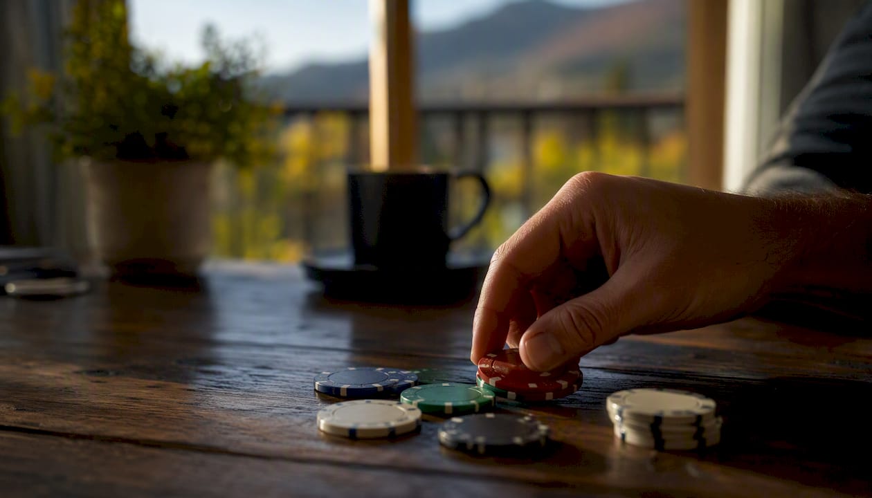 Una mano apuesta una ficha sobre la mesa del casino