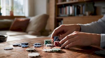 Un par de manos repasan y cuentan fichas de casino sobre la mesa, asegurándose de tener el monto correcto antes de seguir jugando.